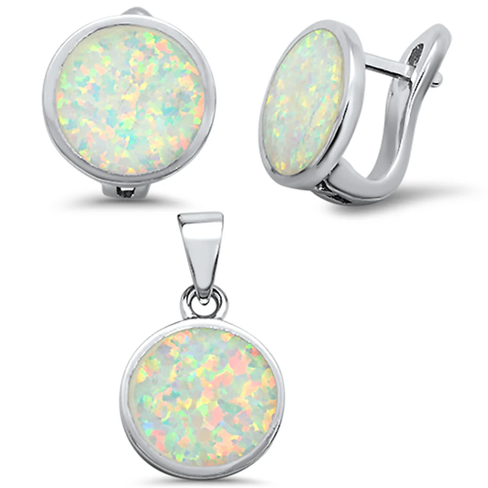 <span>CLOSEOUT! </span>White Opal Round Earring & Pendant .925 Sterling Silver Set