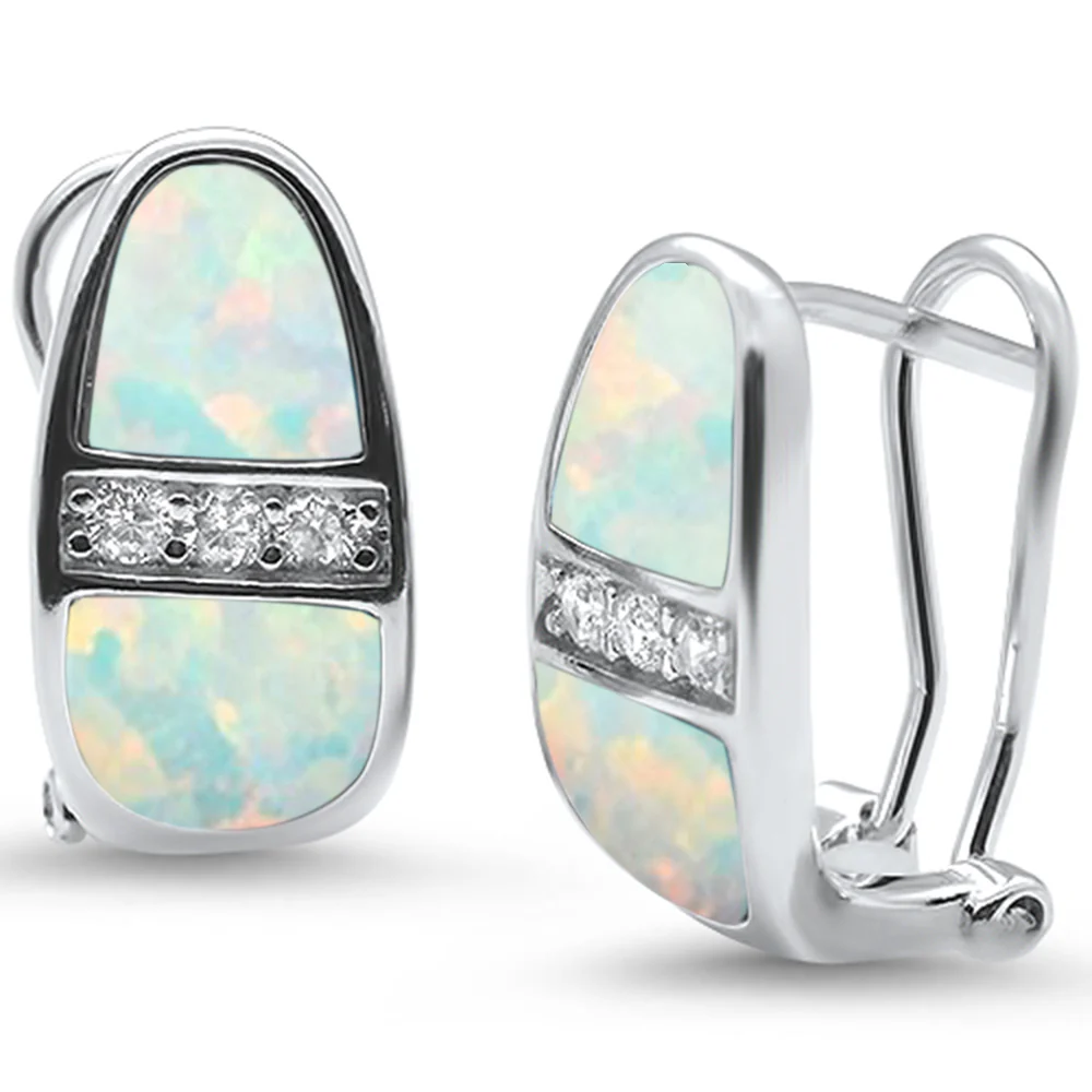White Opal & Cz Latch Back .925 Sterling Silver Earrings