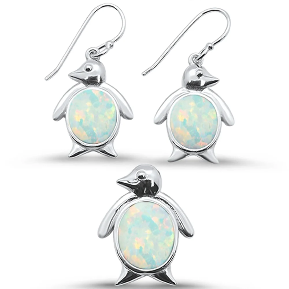 <span>CLOSEOUT! </span>White Opal Penguin Dangle Earring & Pendant .925 Sterling Silver Set