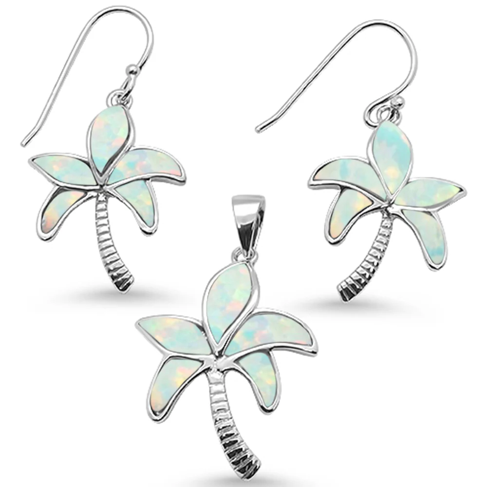 White Opal Palm Tree Earring & Pendant .925 Sterling Silver Set