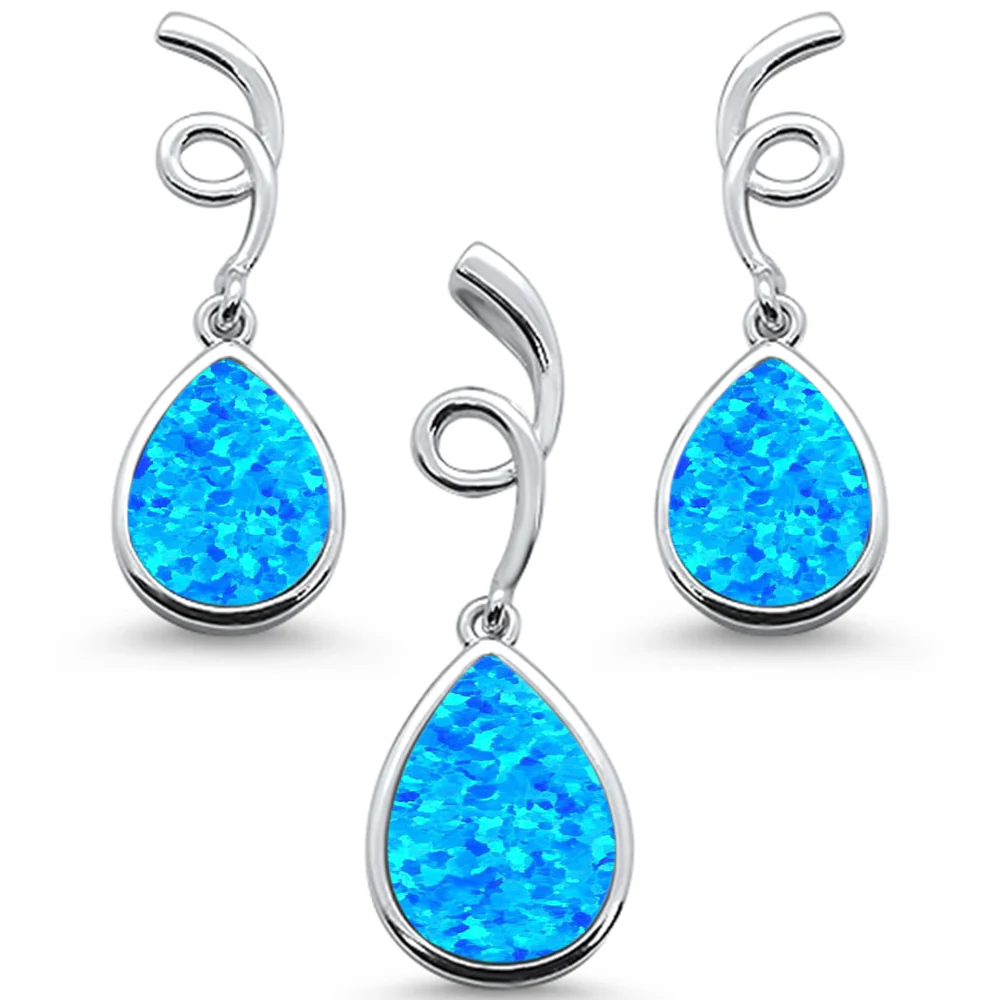 <span>CLOSEOUT! </span>Blue Opal Pear Shape Spiral Dangle Earring & Pendant .925 Sterling Silver Set