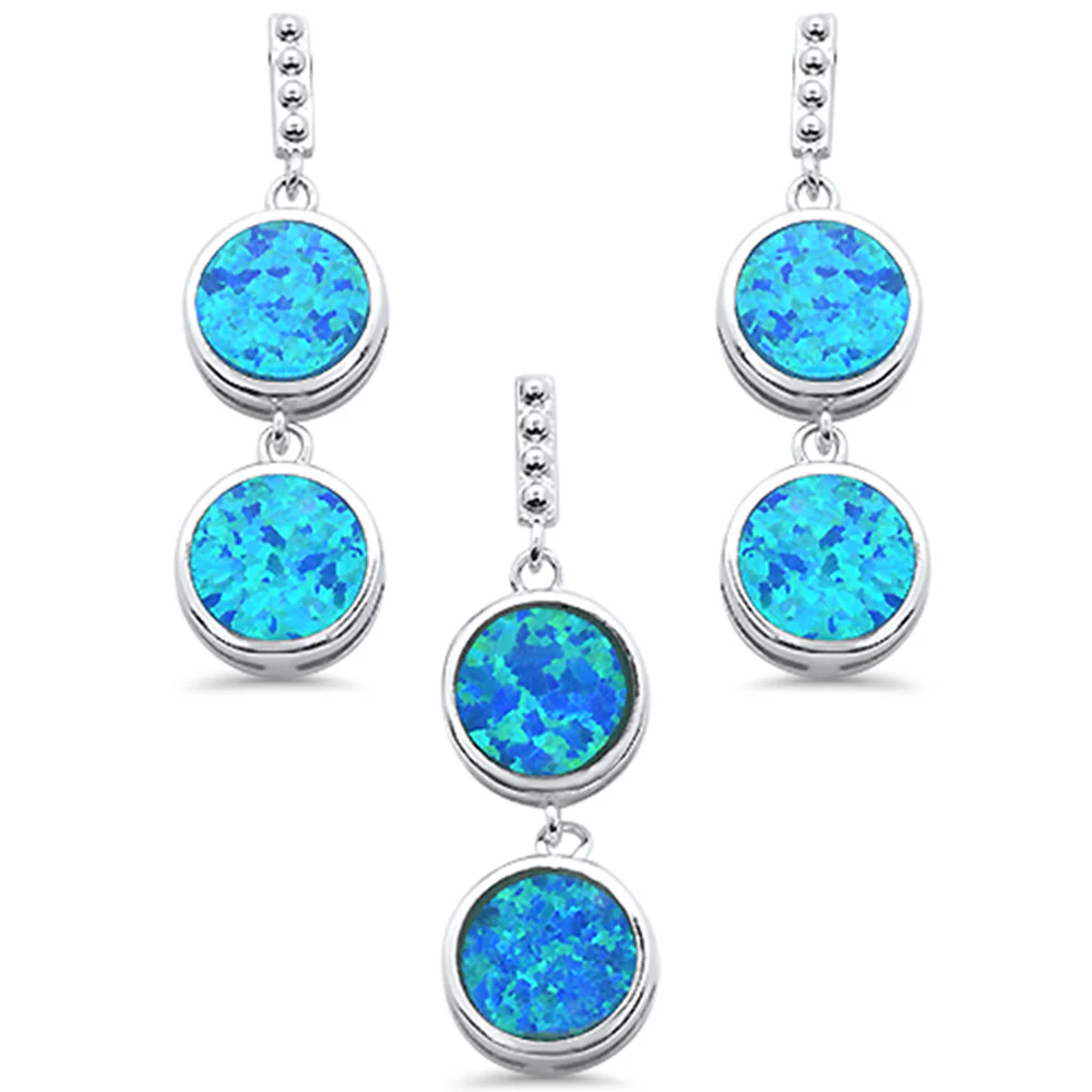 <span>CLOSEOUT! </span>Double Round Blue Opal Dangle Earring & Pendant .925 Sterling Silver Set