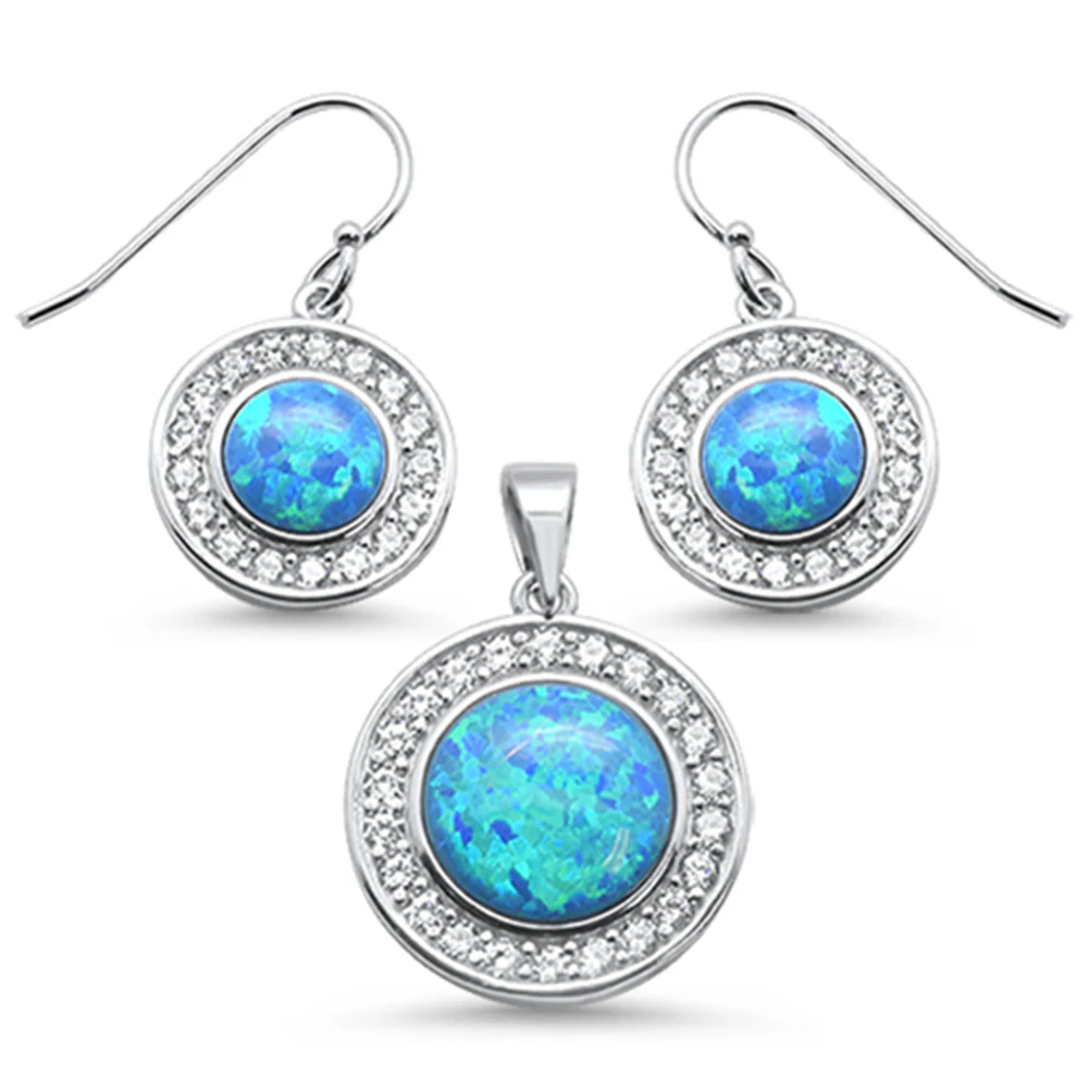 <span>CLOSEOUT! </span>Round Blue Opal & Cubic Zirconia .925 Sterling Silver Earrings & Pendant Set