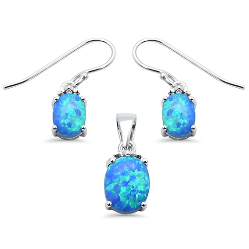 <span>CLOSEOUT! </span>Oval Blue Opal .925 Sterling Silver Pendant & Earrings Set