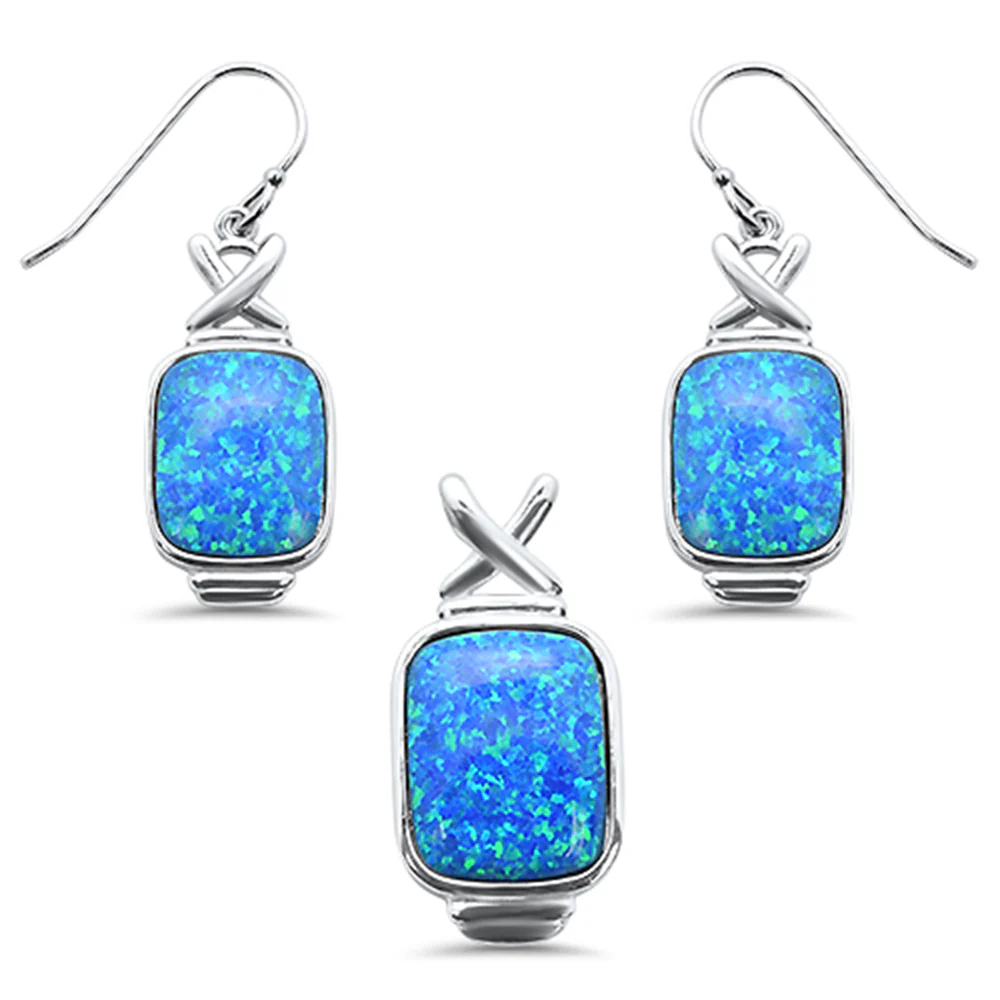 <span>CLOSEOUT! </span>Cushion Cut Blue Opal .925 Sterling Silver Pendant & Earring Set