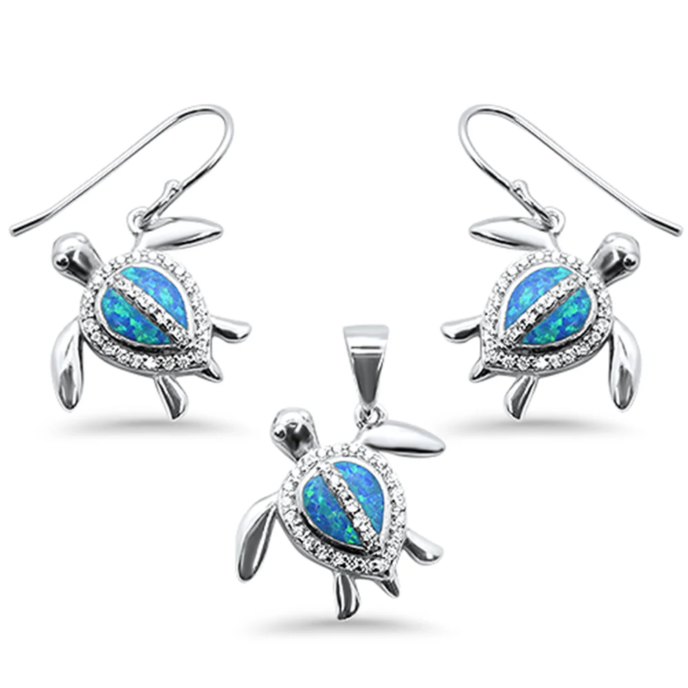 Blue Opal & Cubic Zirconia Turtle .925 Sterling Silver Pendant & Earring Set