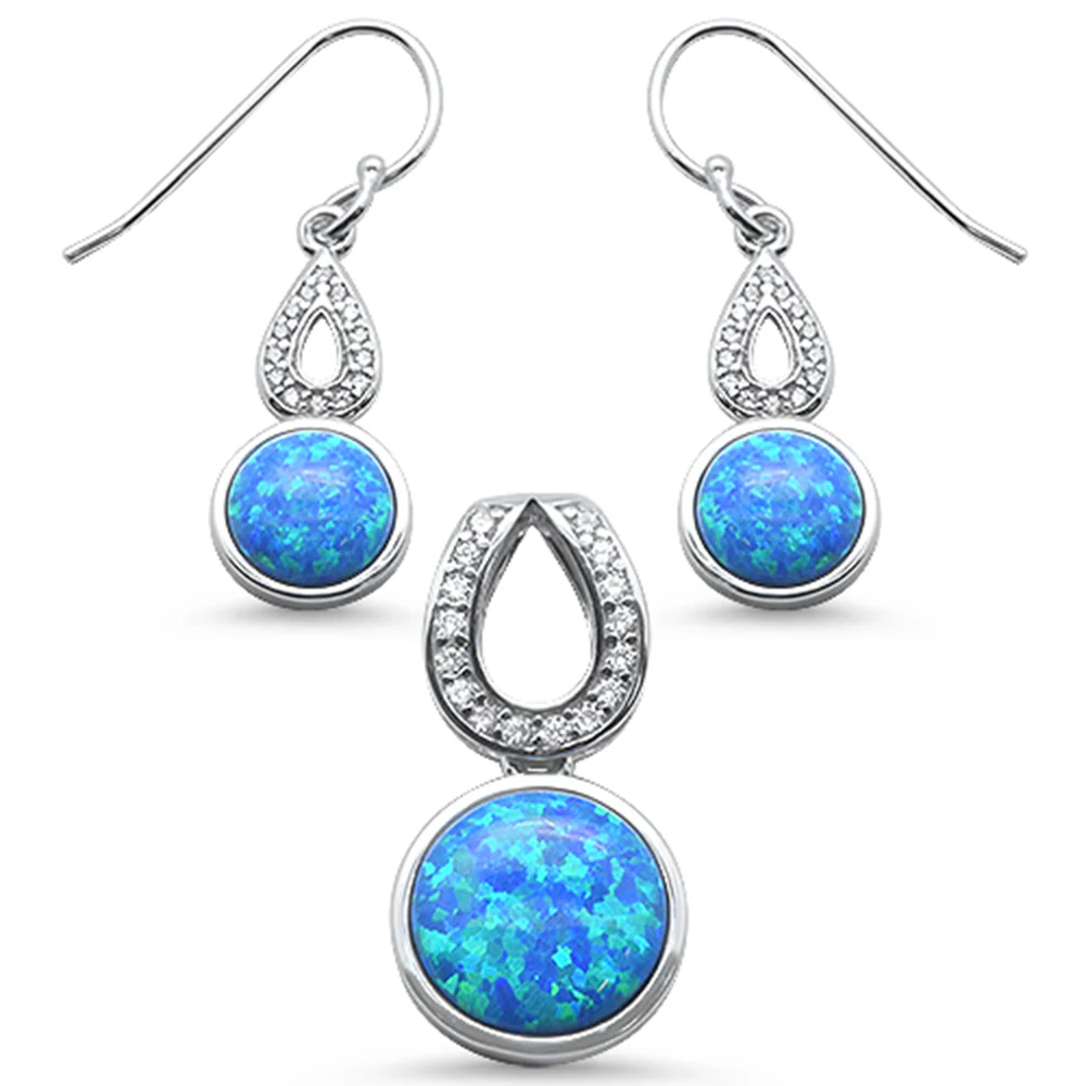 Blue Opal & Cubic Zirconia Dangling .925 Sterling Silver Earrings & Pendant Set