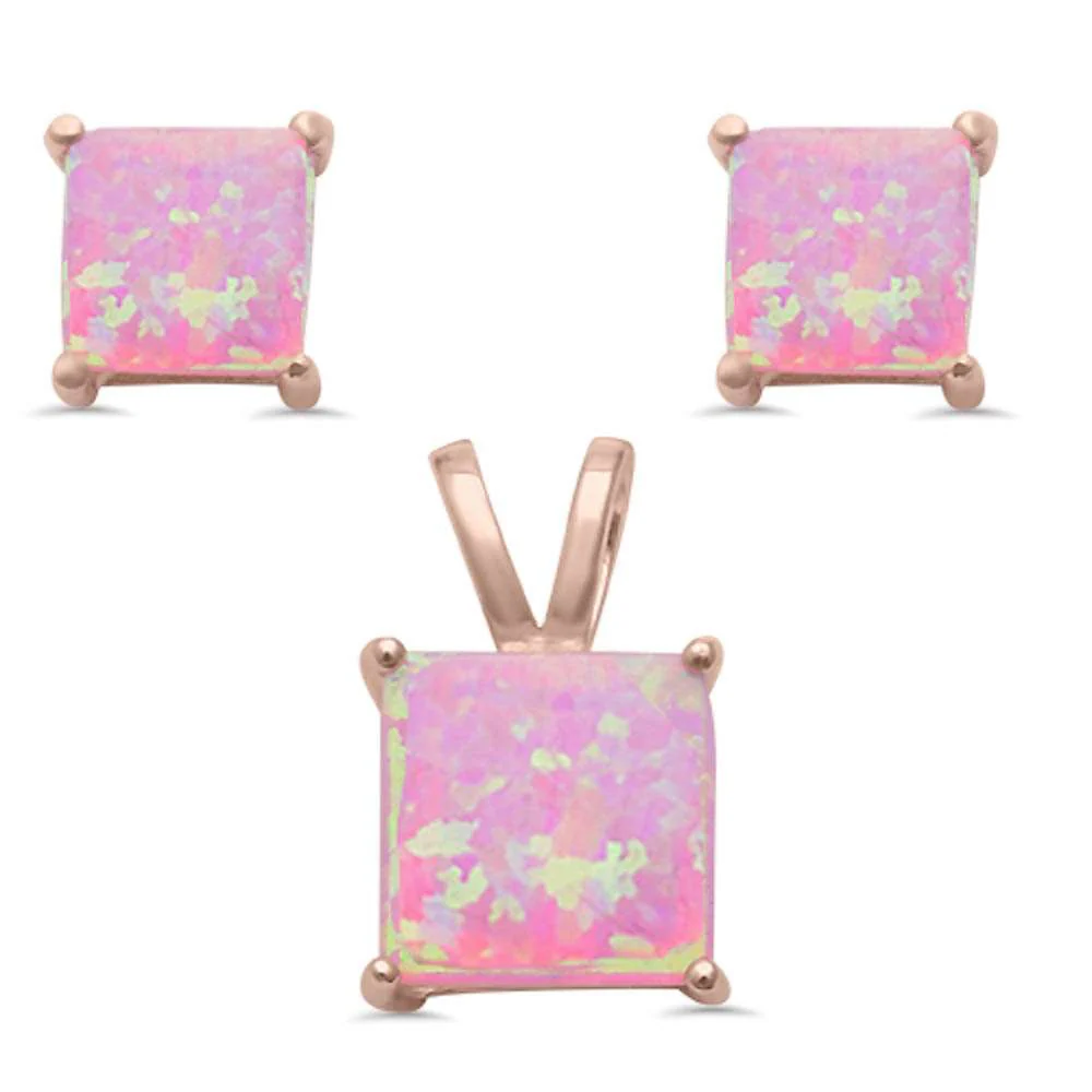 Rose Gold Plated Princess Pink Opal .925 Sterling Silver Pendant & Earring Set