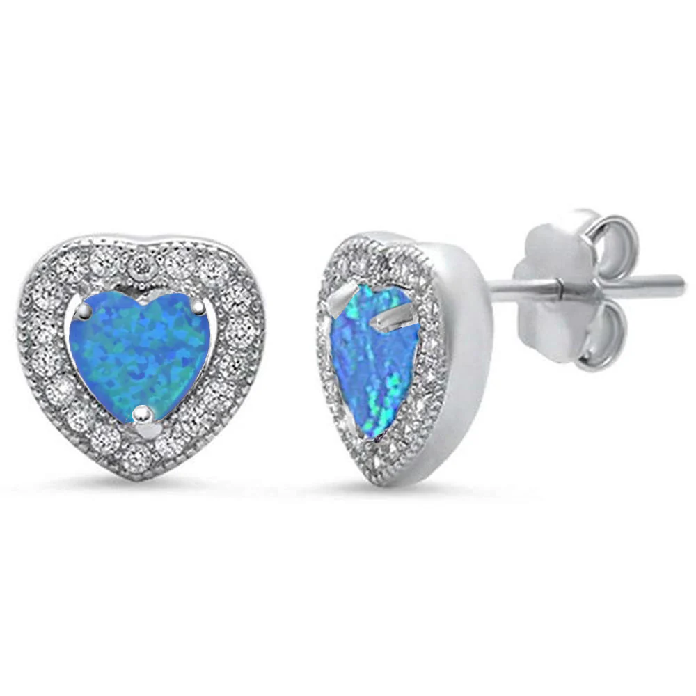 Blue Opal & Pave Cz Heart .925 Sterling Silver Earrings