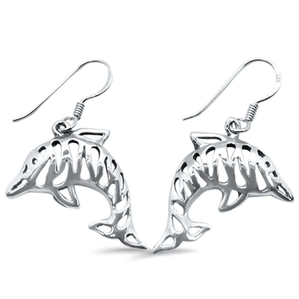 <span>CLOSEOUT! </span>Plain Drop Dangle Dolphin .925 Sterling Silver Earrings