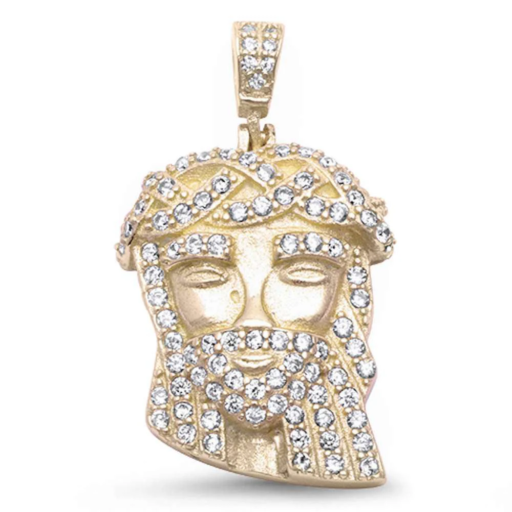 <span>CLOSEOUT! </span>Yellow Gold Plated Cubic Zirconia Studded Jesus .925 Sterling Silver Pendant
