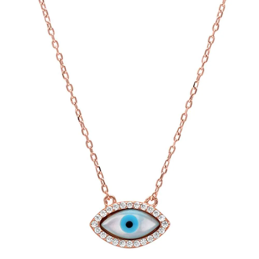 Rose Gold Plated Cubic Zirconia Evil Eye .925 Sterling Silver Pendant Necklace