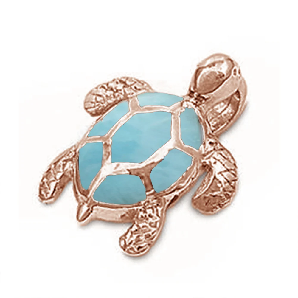 Rose Gold Plated Natural Larimar Sea Turtle Pendant .925 Sterling Silver