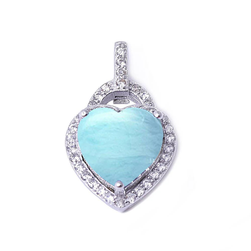 Natural Larimar & Cubic Zirconia Heart .925 Sterling Silver Pendant