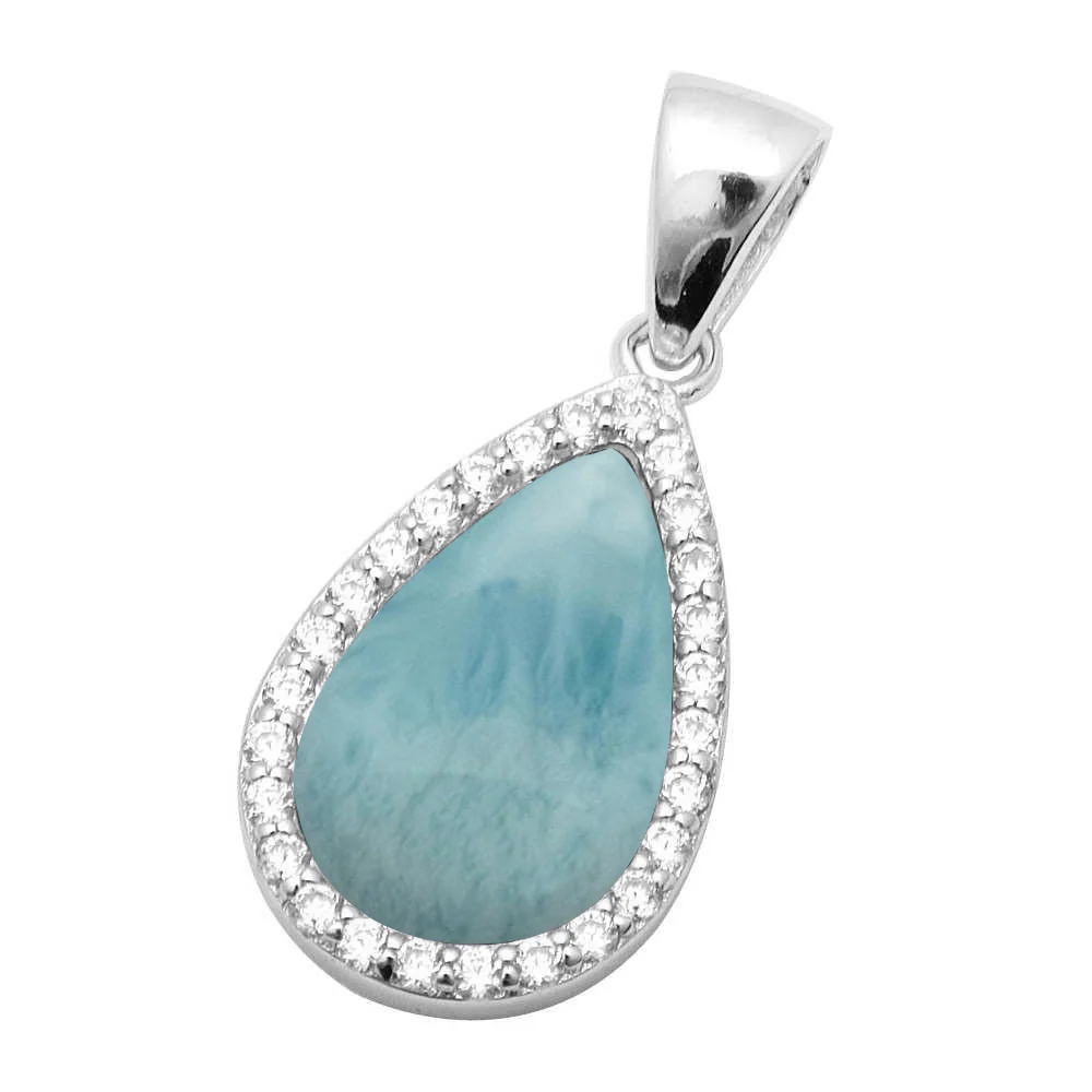 Pear Shape Natural Larimar & Cubic Zirconia .925 Sterling Silver Pendant