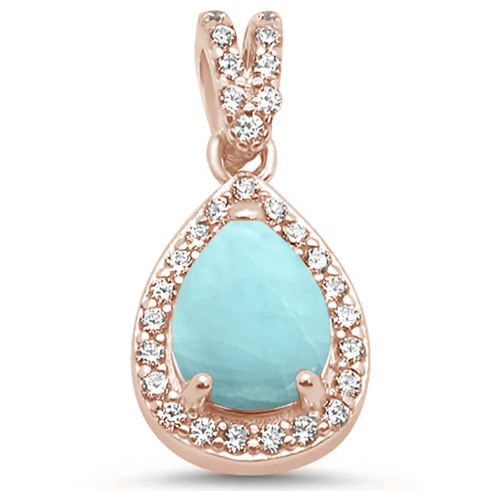 Rose Gold Plated Pear Natural Larimar & CZ .925 Sterling Silver Pendant