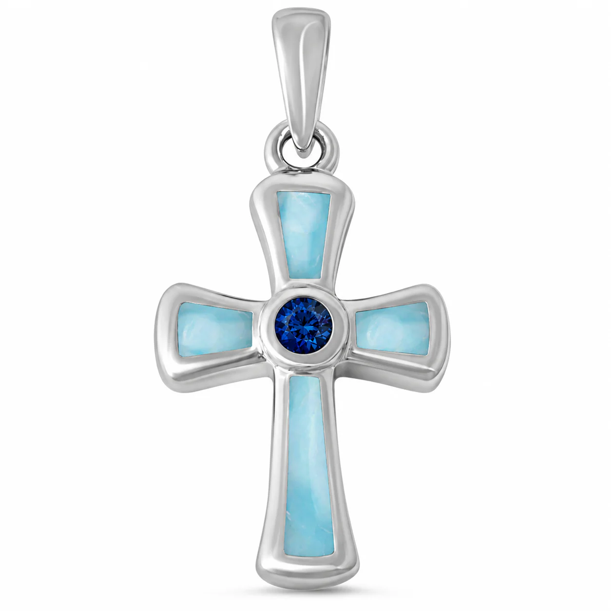 Round Blue Sapphire & Natural Larimar Cross .925 Sterling Silver Pendant