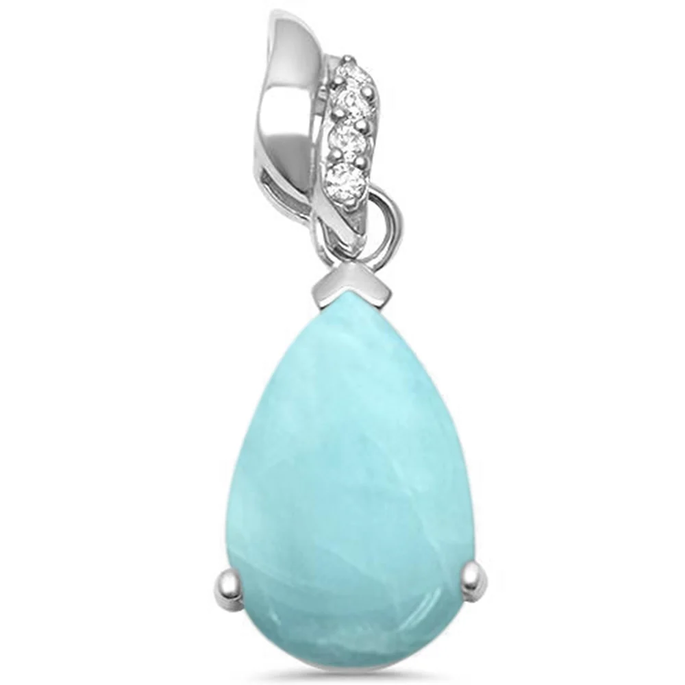 Natural Larimar Pear Shape  & Cubic Zirconia .925 Sterling Silver Pendant
