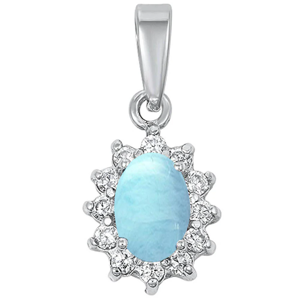 Natural Larimar & Cubic Zirconia Oval .925 Sterling Silver Pendant