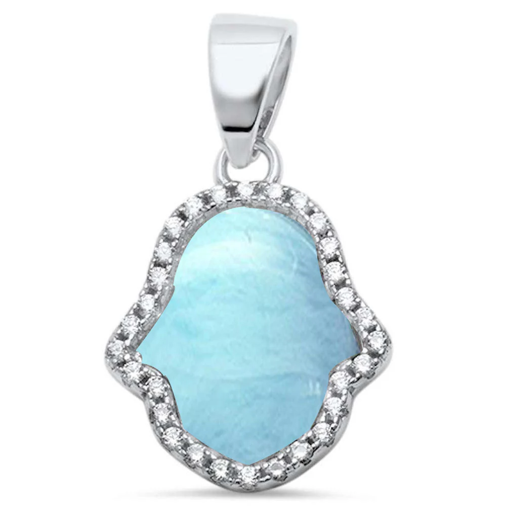 Natural Larimar & Cubic Zirconia Hamsa .925 Sterling Silver Pendant