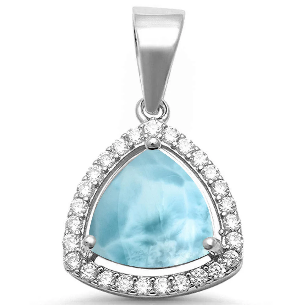 Trillion Shape Natural Larimar & Cubic Zirconia .925 Sterling Silver Pendant