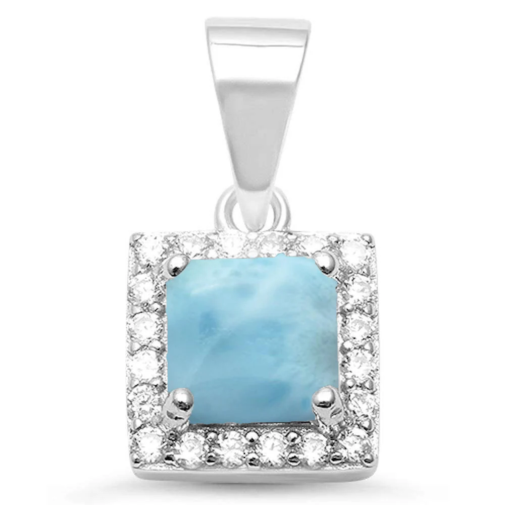 Square Natural Larimar & Cubic Zirconia .925 Sterling Silver Pendant
