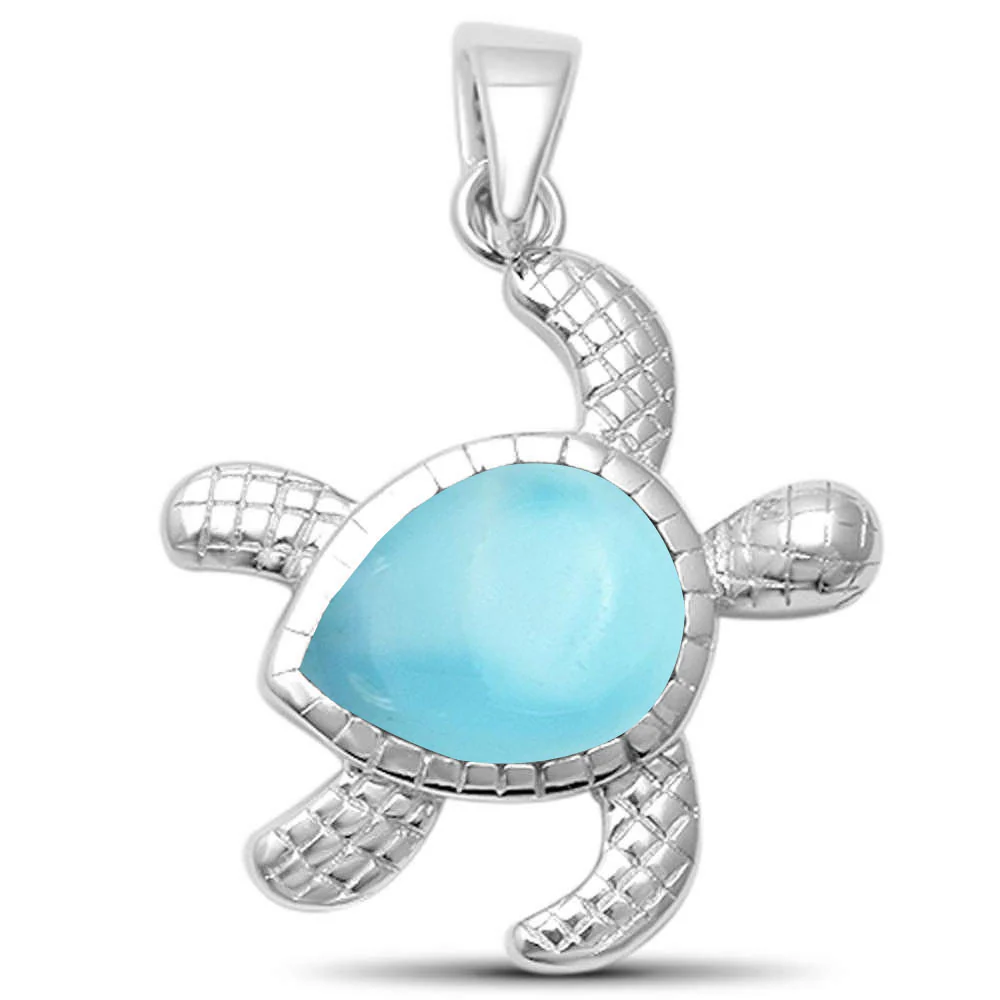 Cute Natural Larimar Turtle  .925 Sterling Silver Pendant