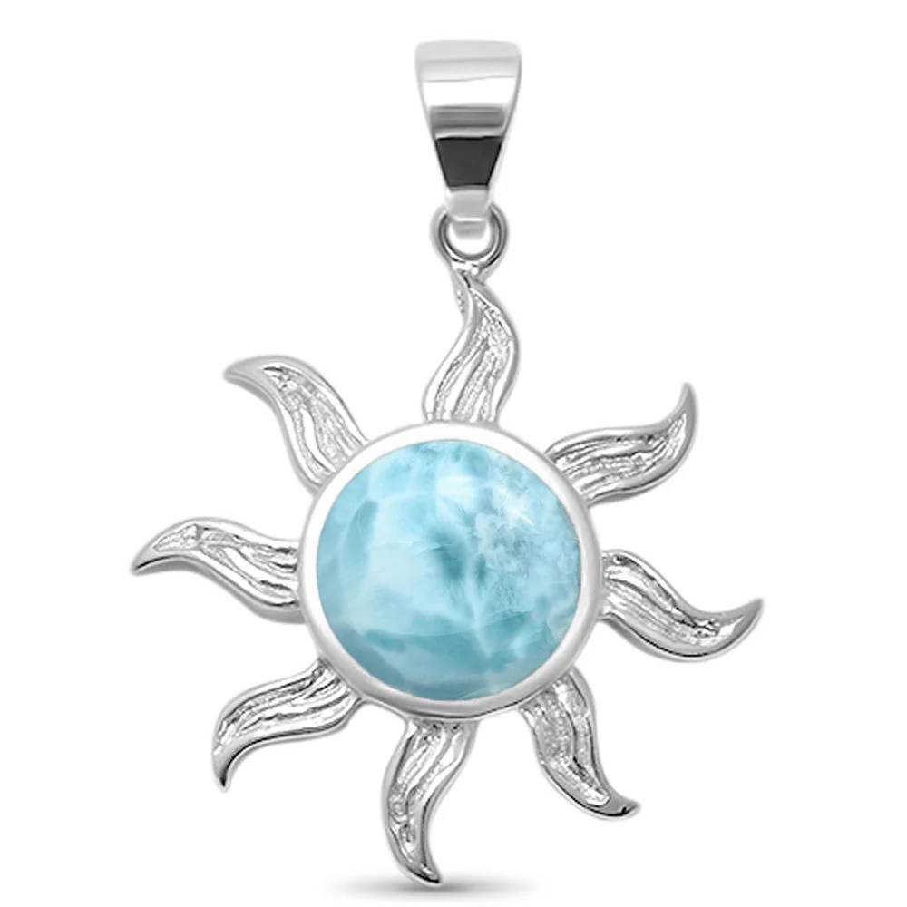 Cute! Natural Larimar Sun Ocean Surf Celestial Sun  .925 Sterling Silver Pendant