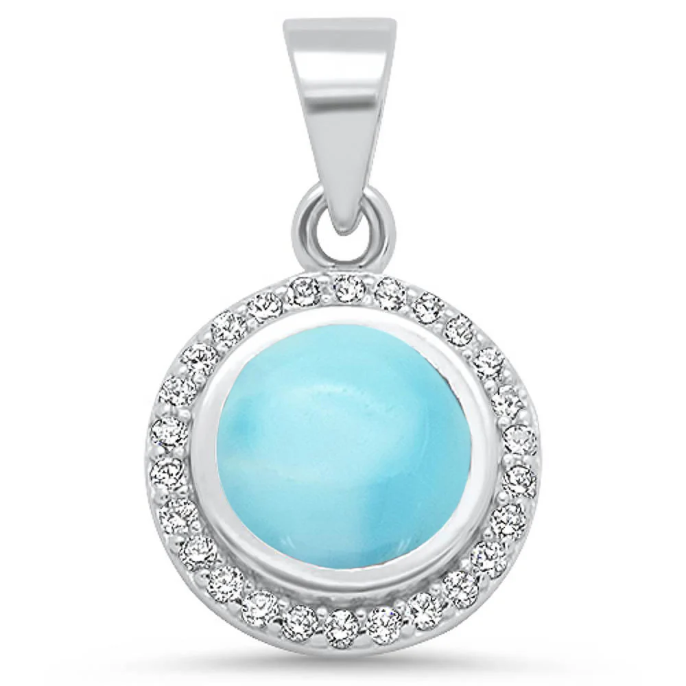Round Natural Larimar & Cz .925 Sterling Silver Pendant