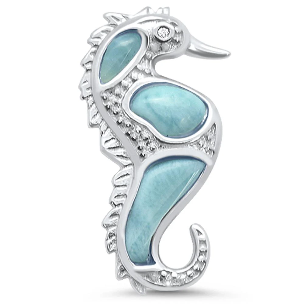 Natural Larimar Seahorse .925 Sterling Silver Pendant