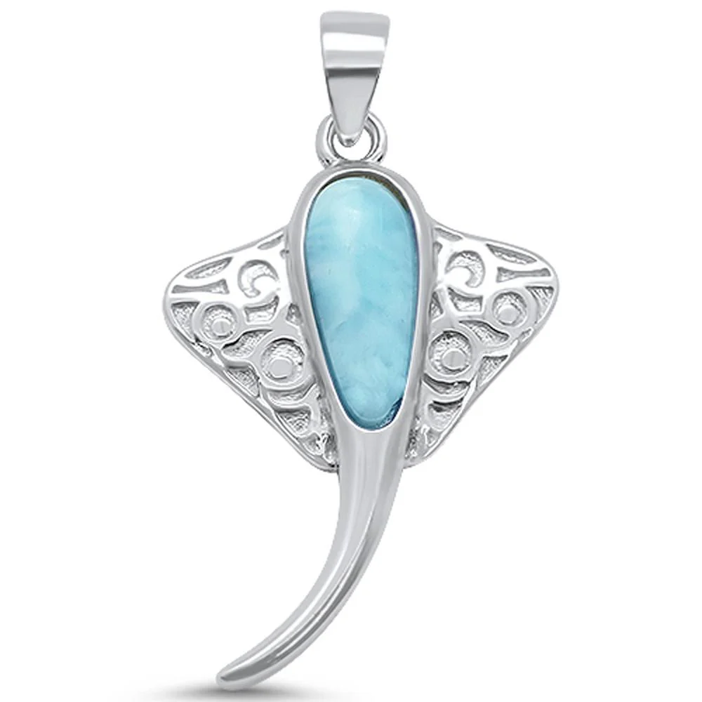 Natural Larimar Stingray Design .925 Sterling Silver Pendant