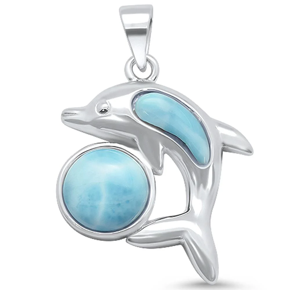 Natural Larimar Ball & Dolphine Design .925 Sterling Silver Pendant