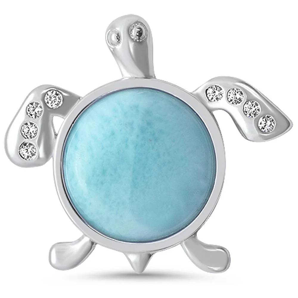 Natural Round Larimar & Cz Turtle Design .925 Sterling Silver Pendant