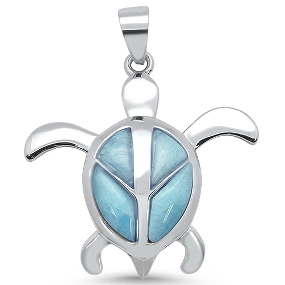 Natural Larimar Turtle with Peace Sign Design .925 Sterling Silver Pendant