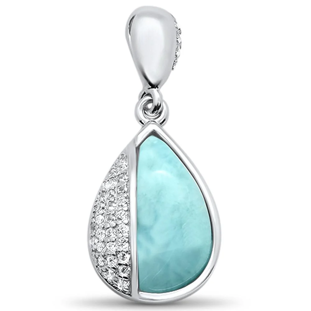 Elegant Natural Larimar & Cz Drop .925 Sterling Silver Pendant
