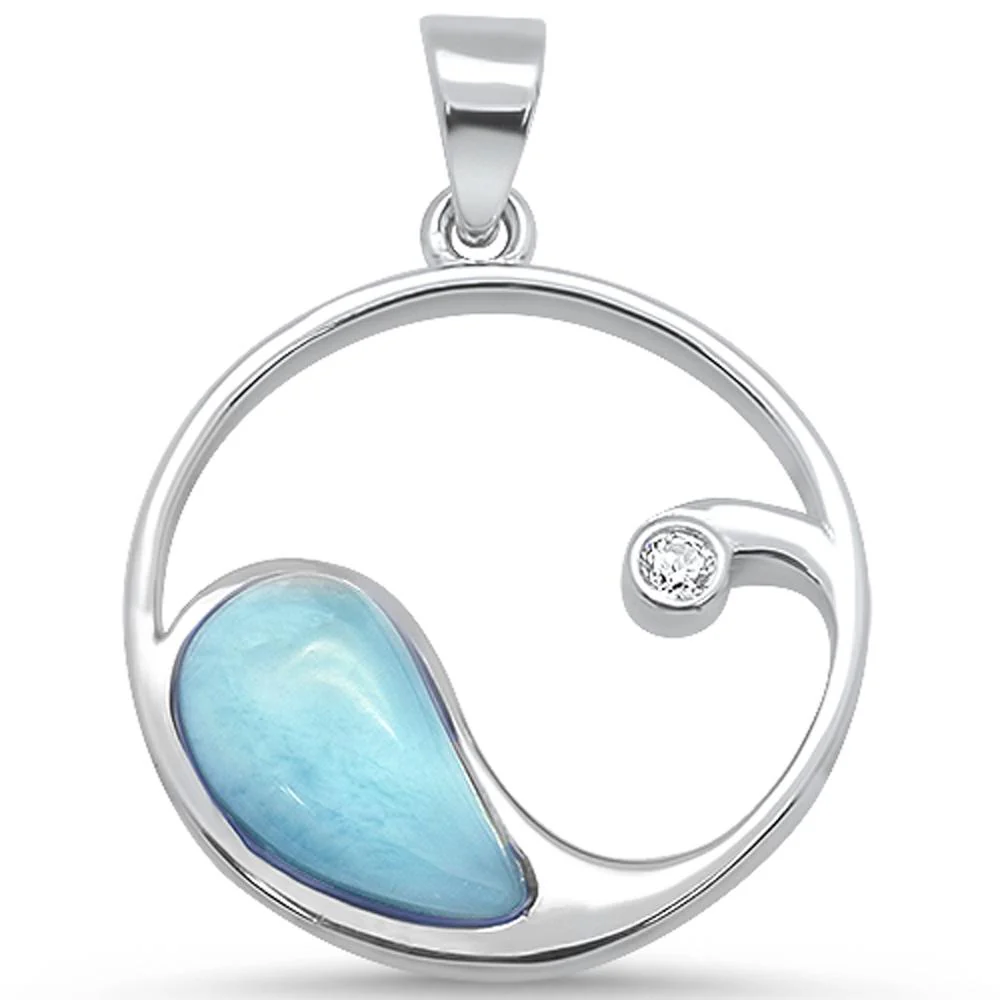 Natural Larimar & Cz Wave Design .925 Sterling Silver Pendant