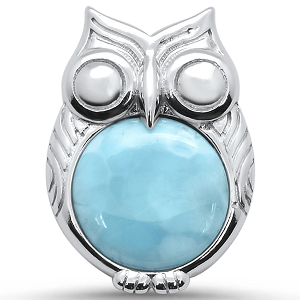 Natural Larimar Owl Design .925 Sterling Silver Pendant