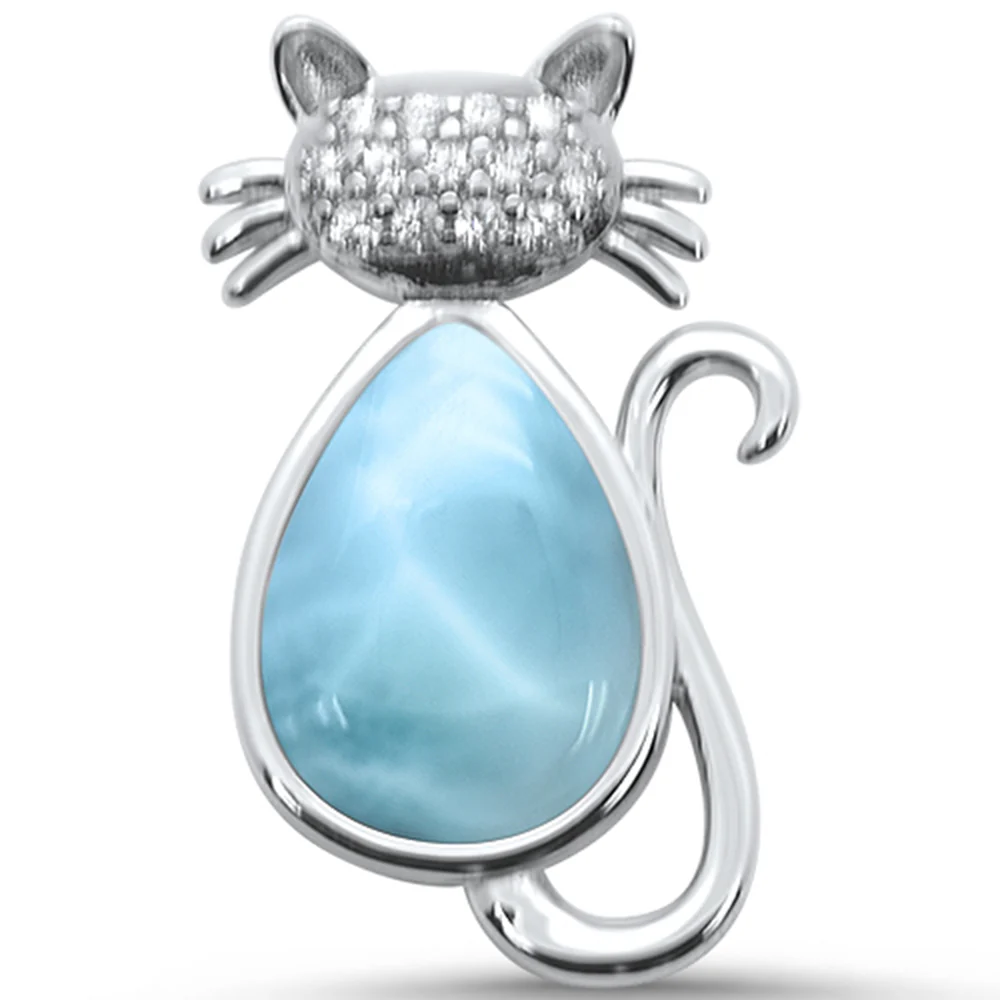 Natural Larimar & Cz Cat .925 Sterling Silver Pendant