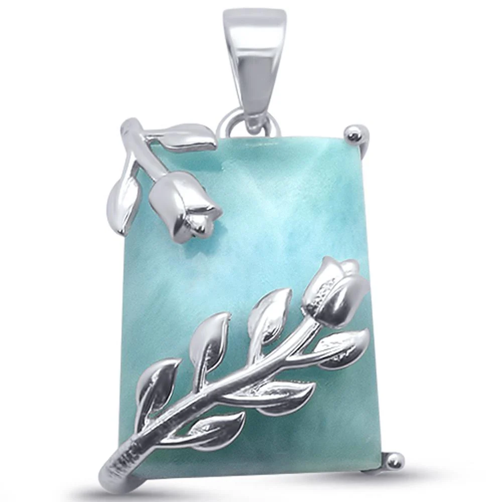 Square Leaf Natural Larimar .925 Sterling Silver Pendant 1"  Long