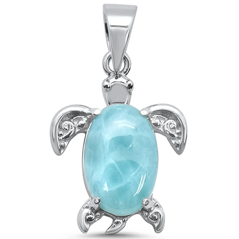 Natural Larimar Turtle .925 Sterling Silver Charm Pendant