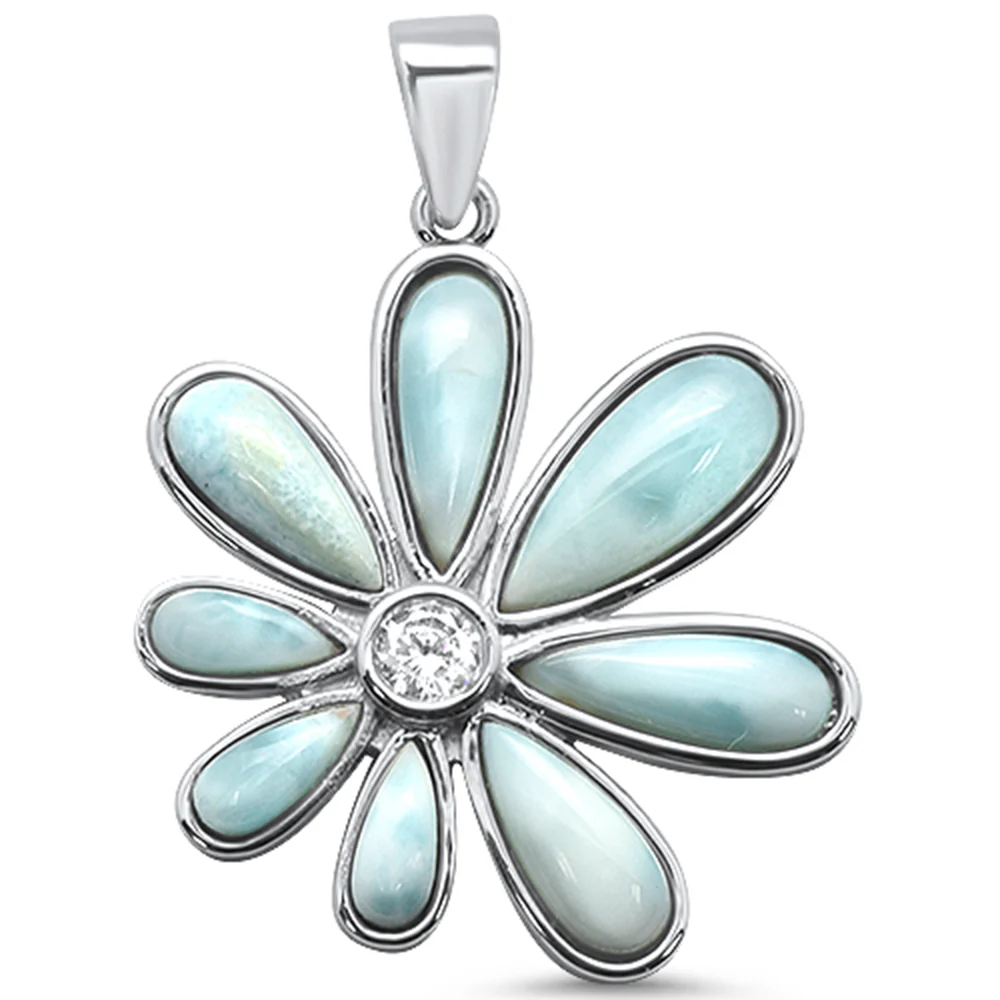 Natural Larimar Flower .925 Sterling Silver Charm Pendant