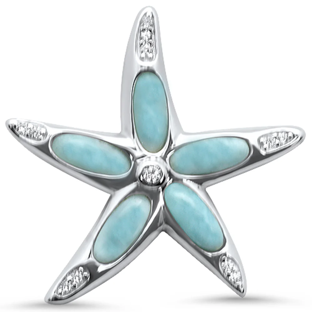 Natural Larimar & Cubic Zirconia Star Fish .925 Sterling Silver Pendant