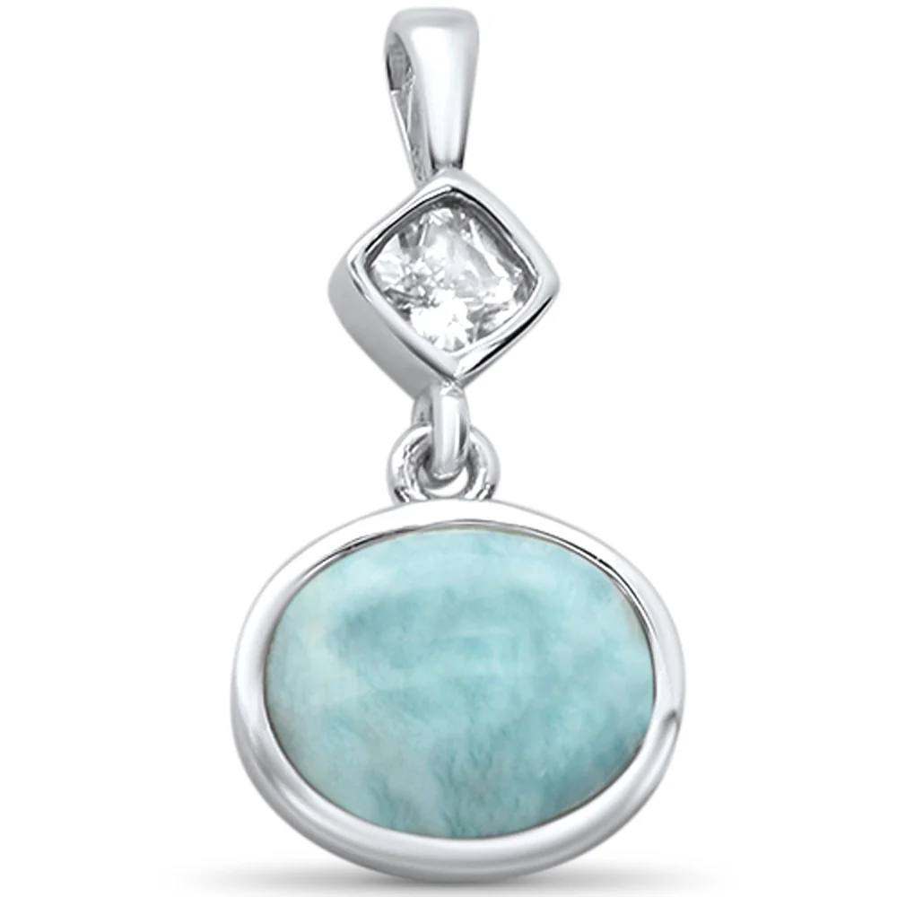 Oval Natural Larimar & Cubic Zirconia .925 Sterling Silver Pendant