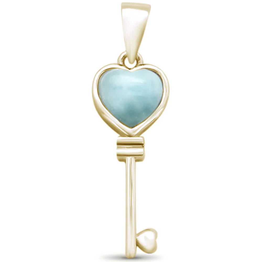 Yellow Gold Plated Natural Larimar Heart Key .925 Sterling Silver Pendant