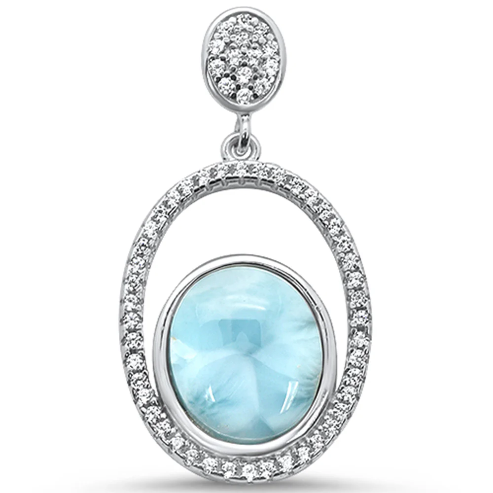 Natural Larimar & Cz .925 Sterling Silver Charm Pendant