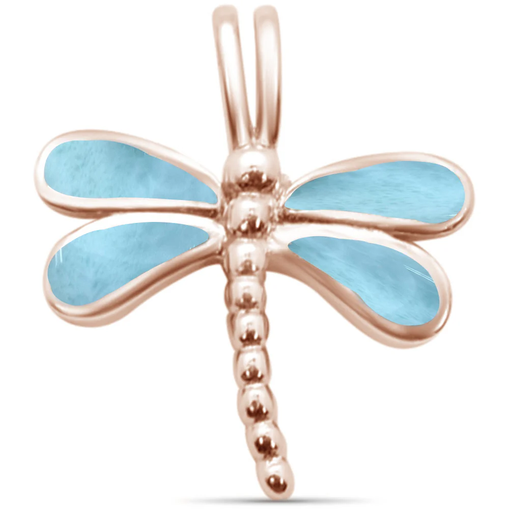 Rose Gold Plated Natural Larimar Dragonfly .925 Sterling Silver Pendant