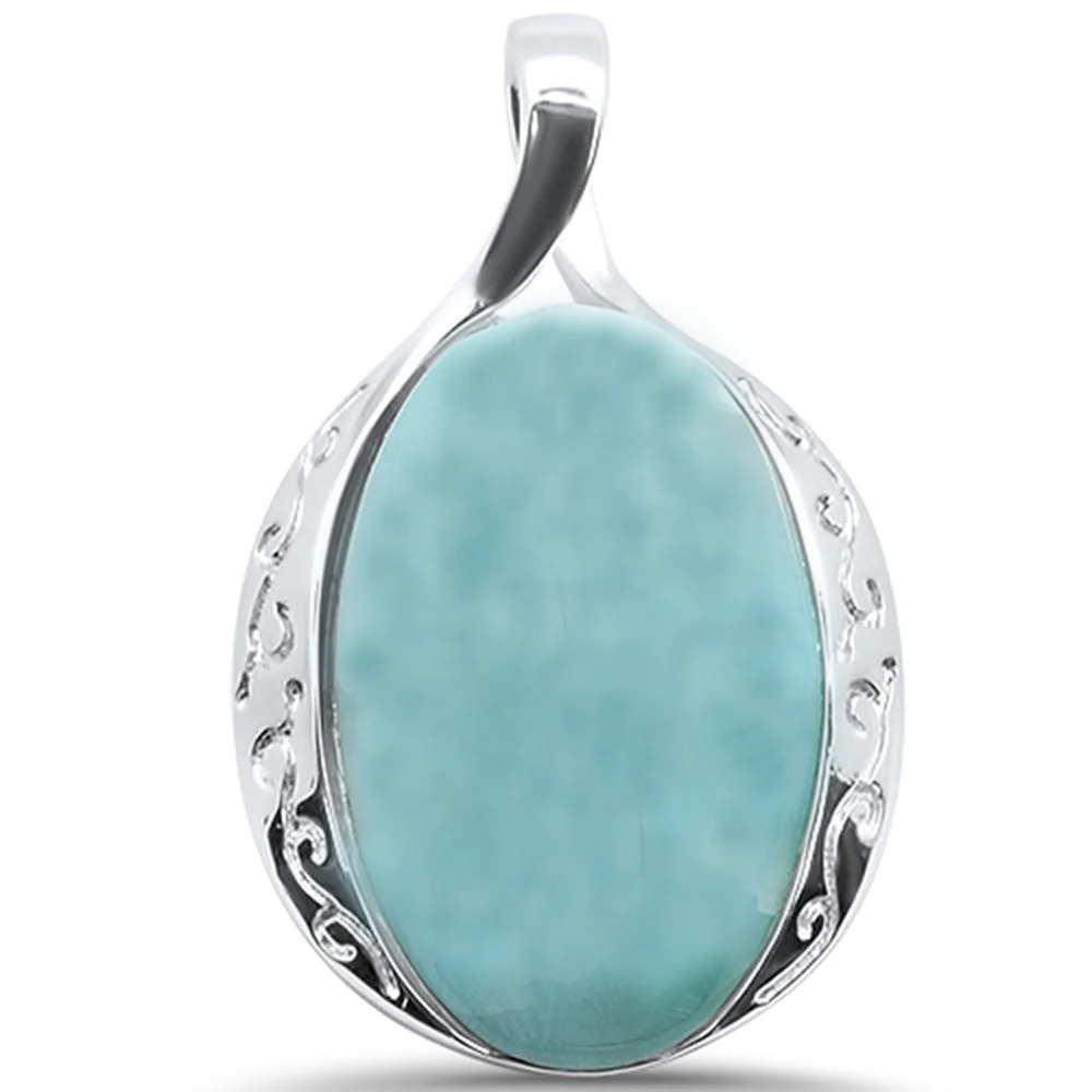 Natural Larimar Oval .925 Sterling Silver Charm Pendant