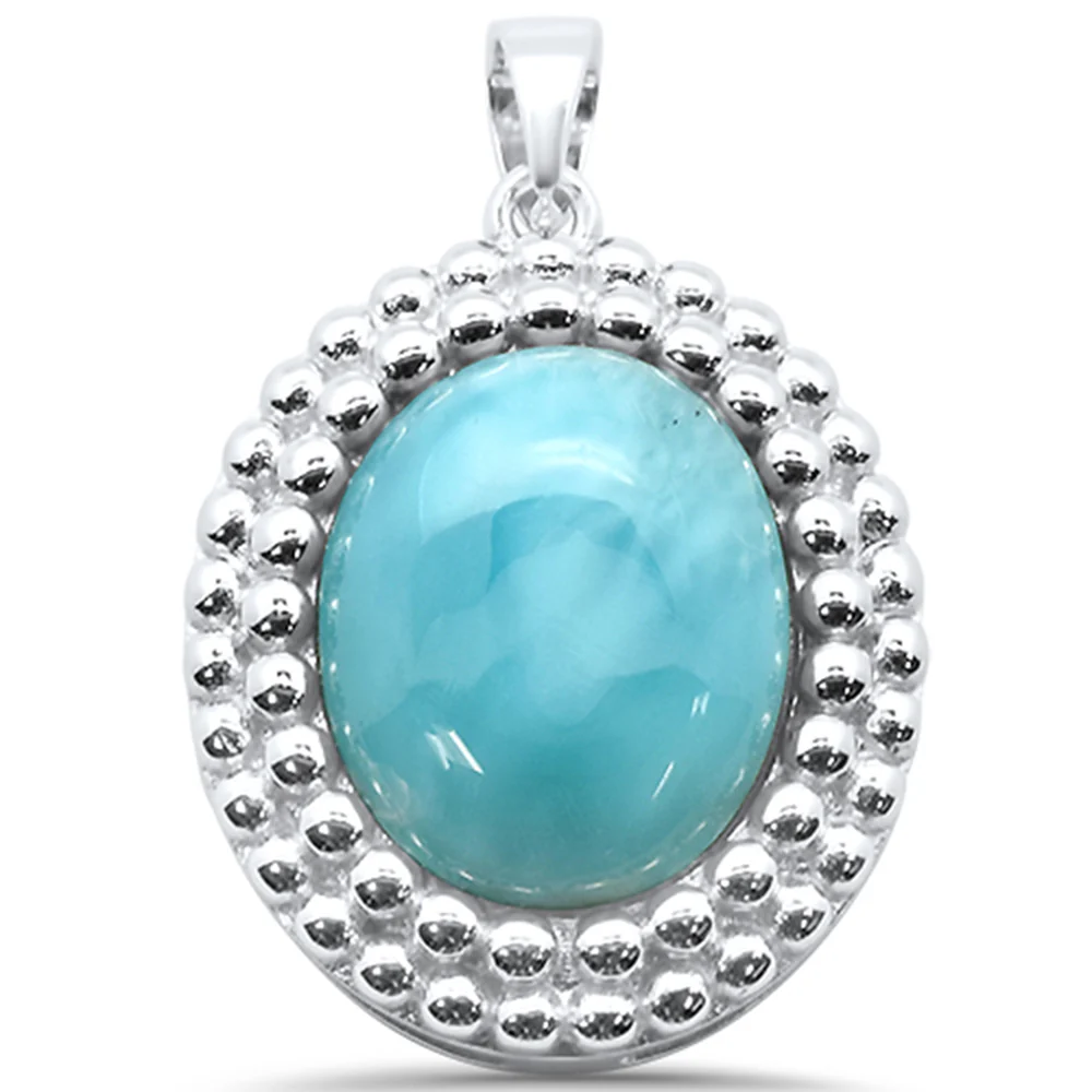 Natural Larimar Oval & Cz .925 Sterling Silver Charm Pendant