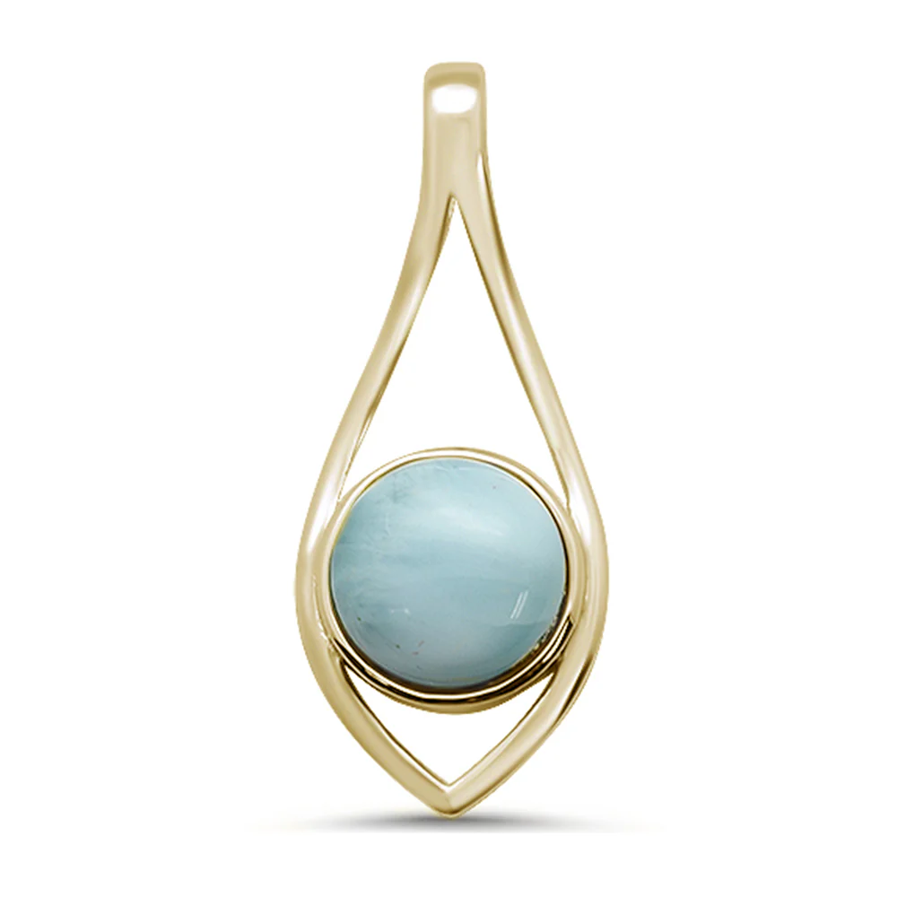Yellow Gold Plated Round Modern Natural Larimar .925 Sterling Silver Pendant