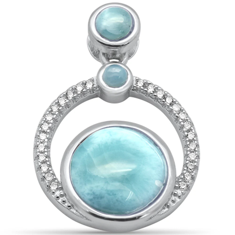 Round Natural Larimar & CZ .925 Sterling Silver Pendant